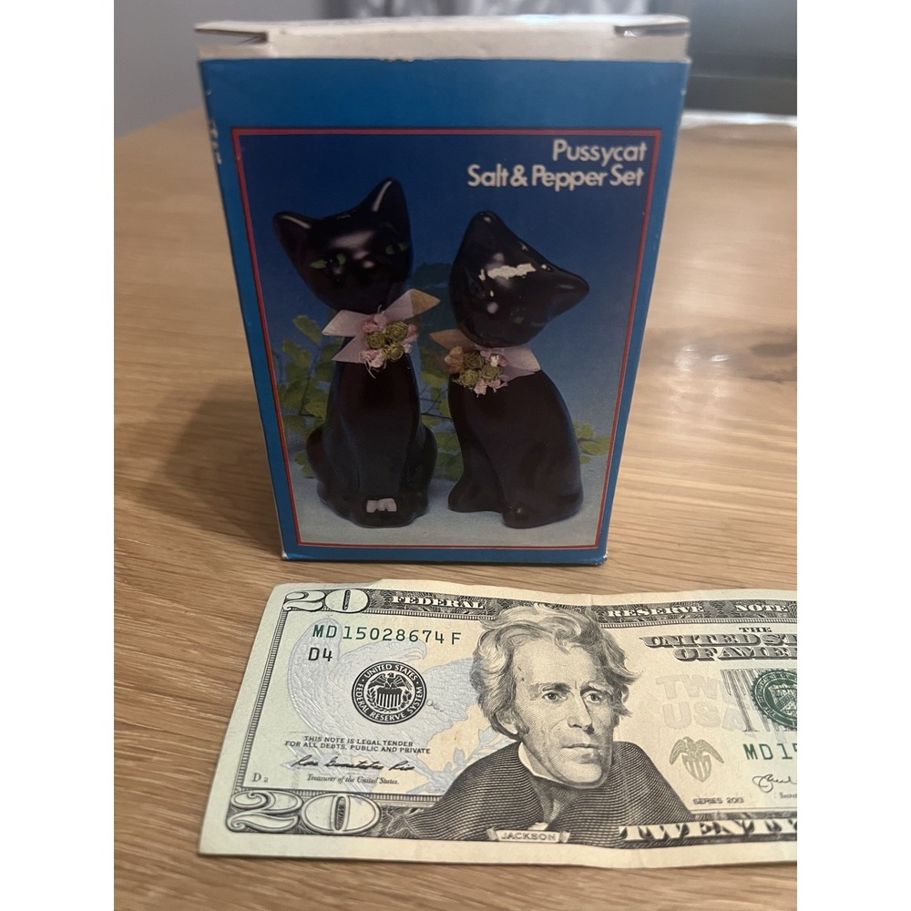 Vintage 4" Black Cat Ceramic Porcelain Salt & Pepper Shakers NIB